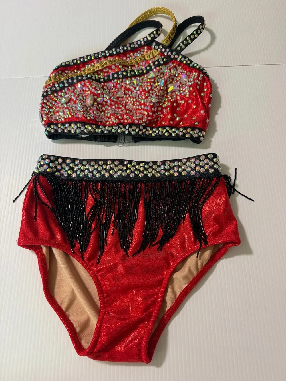 Glamour dance costume solo 2 piece red contemporary jazz fringe LC-large child